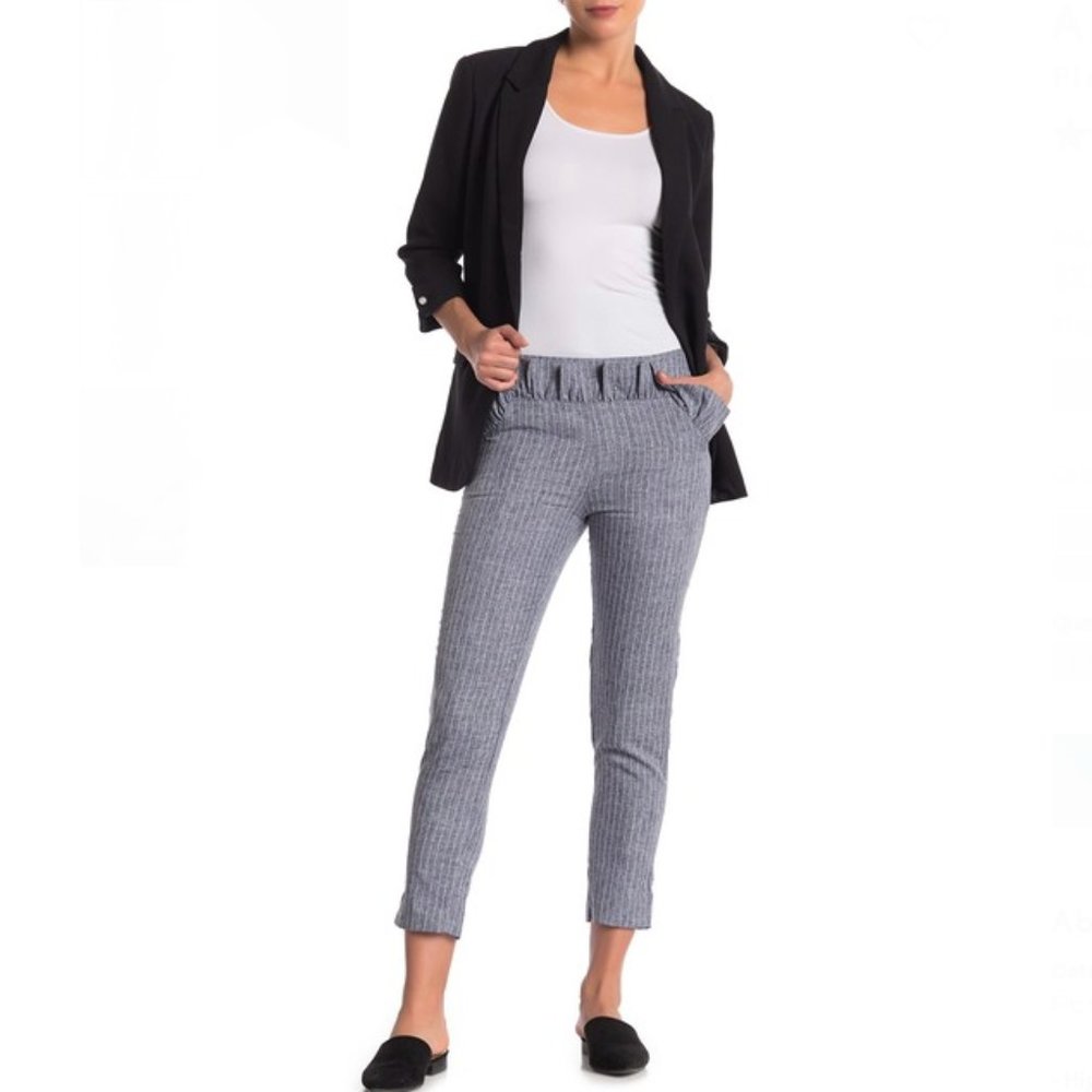 Alpha & Omega- Pin Stripe Ruffle Trim Capris